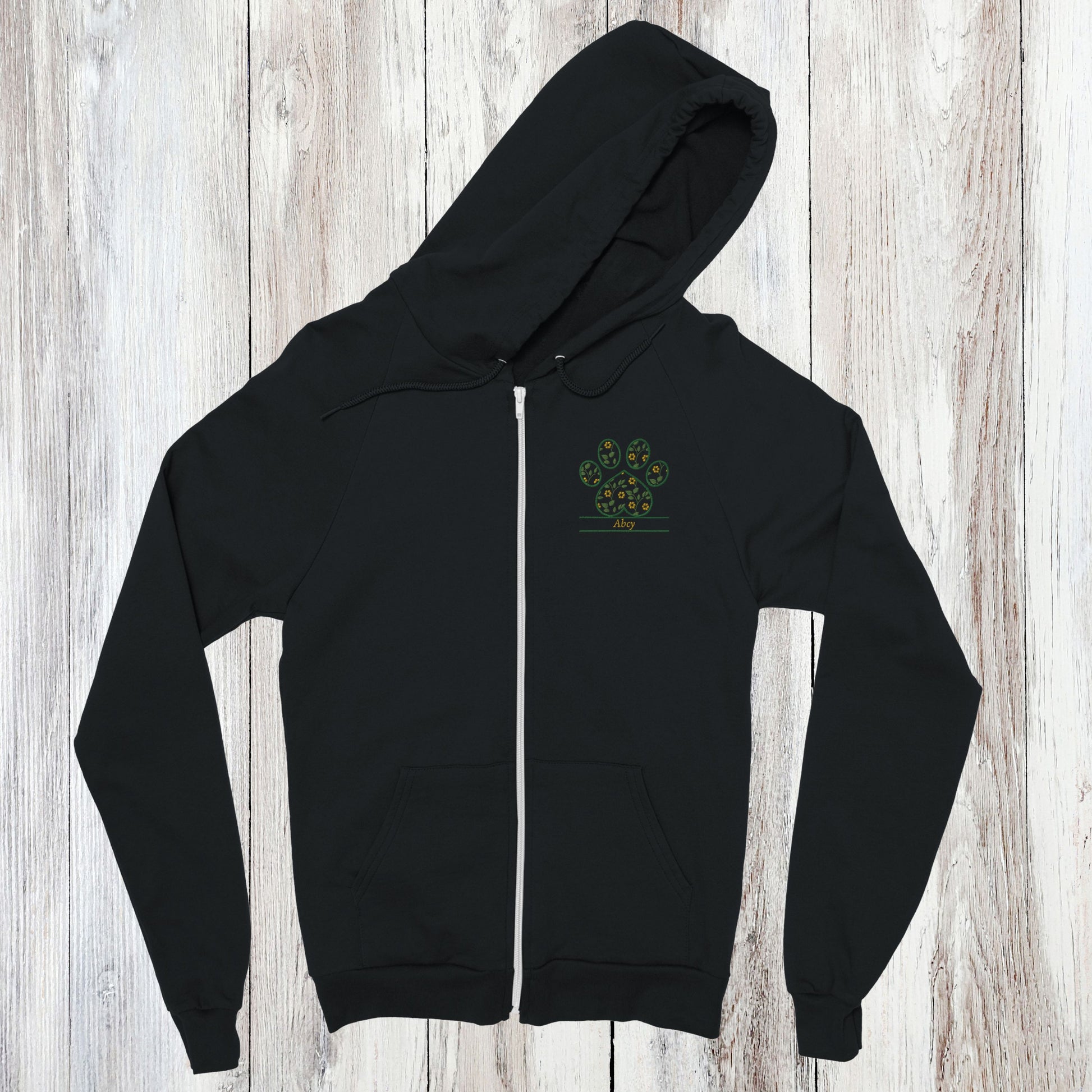 Personalized Floral Paw Print Zip Hoodie Custom Pet Name Design Black with yellow Flowers