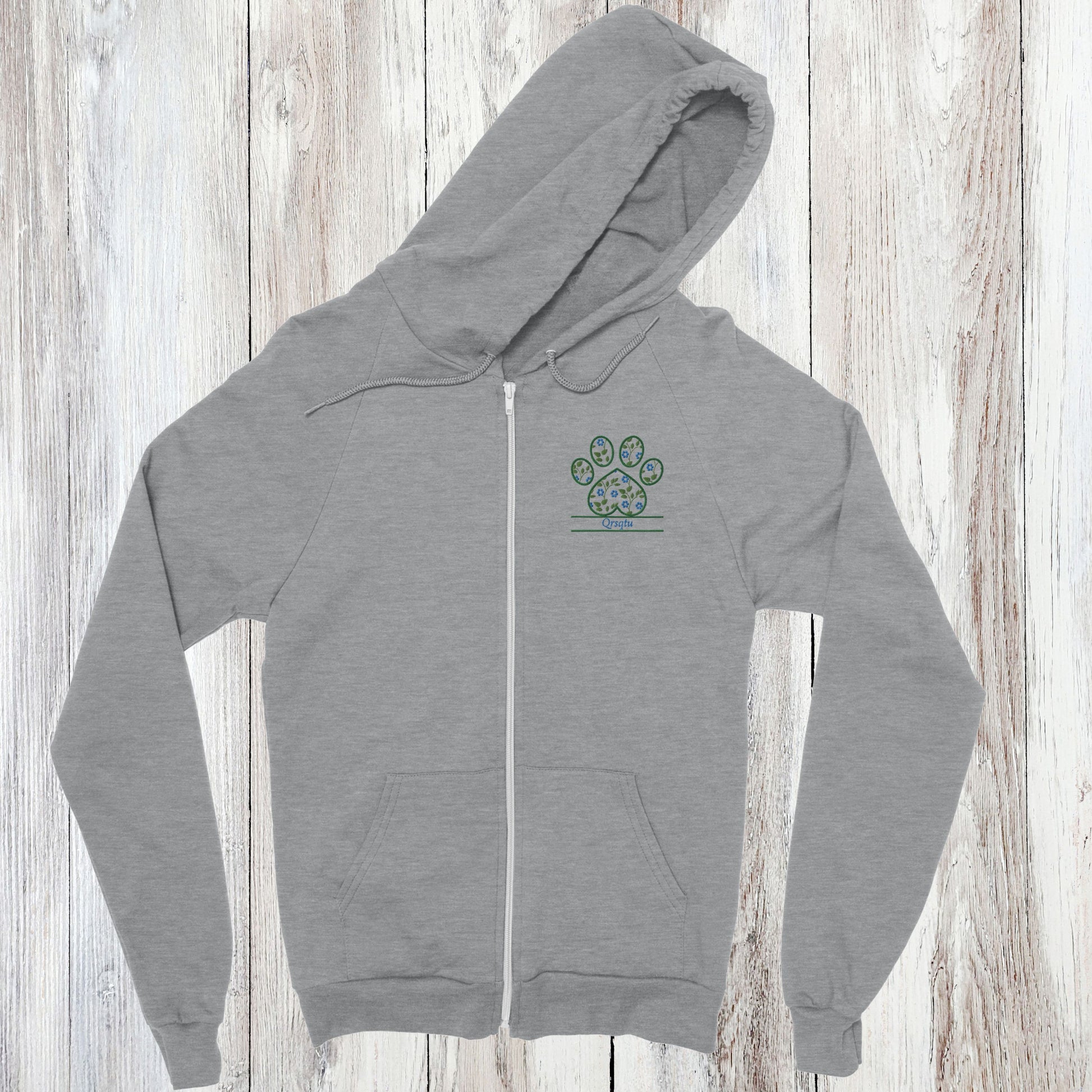 Personalized Floral Paw Print Zip Hoodie Custom Pet Name Design sports grey with Blue Flowers