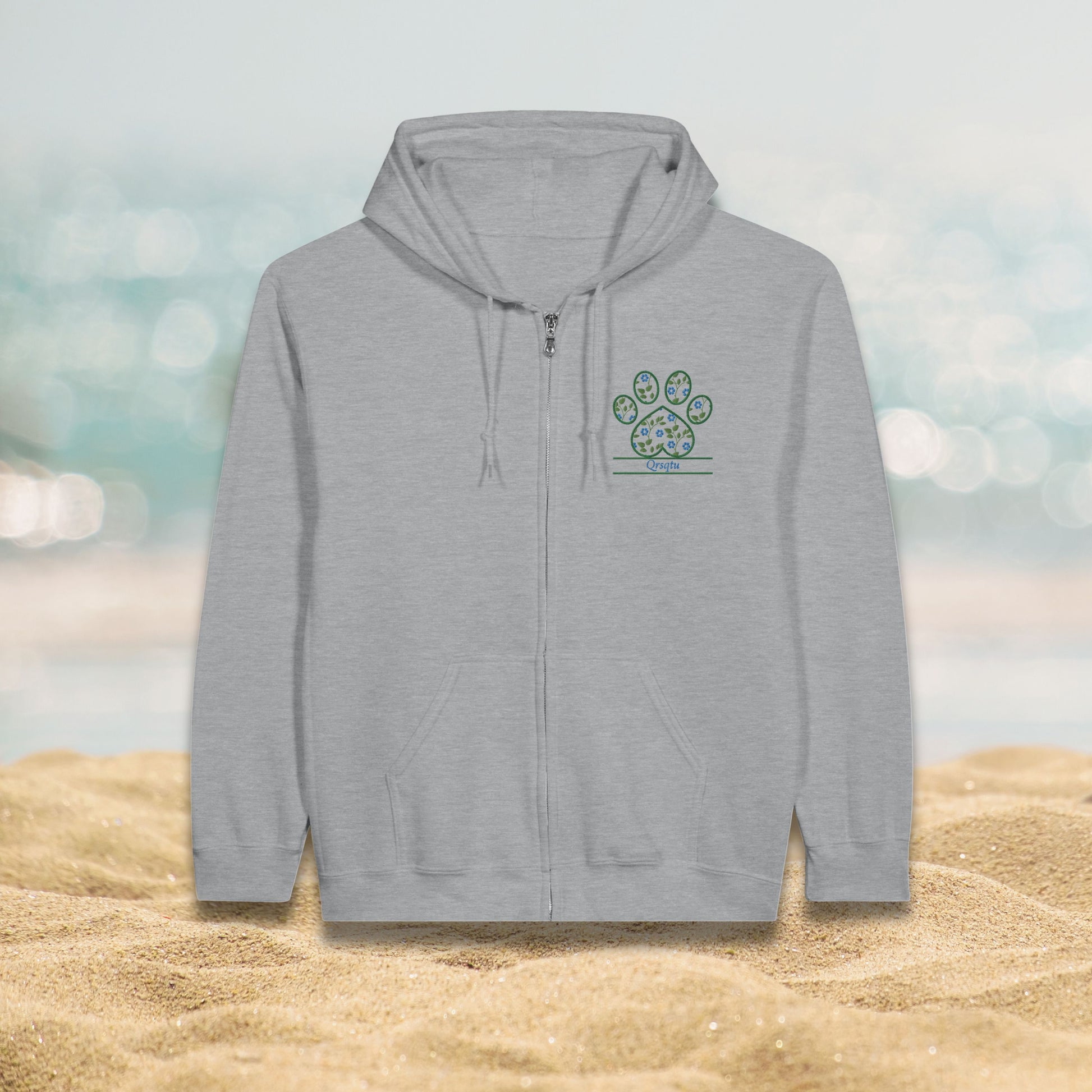 Personalized Floral Paw Print Zip Hoodie Custom Pet Name Design sports grey with Blue Flowers context