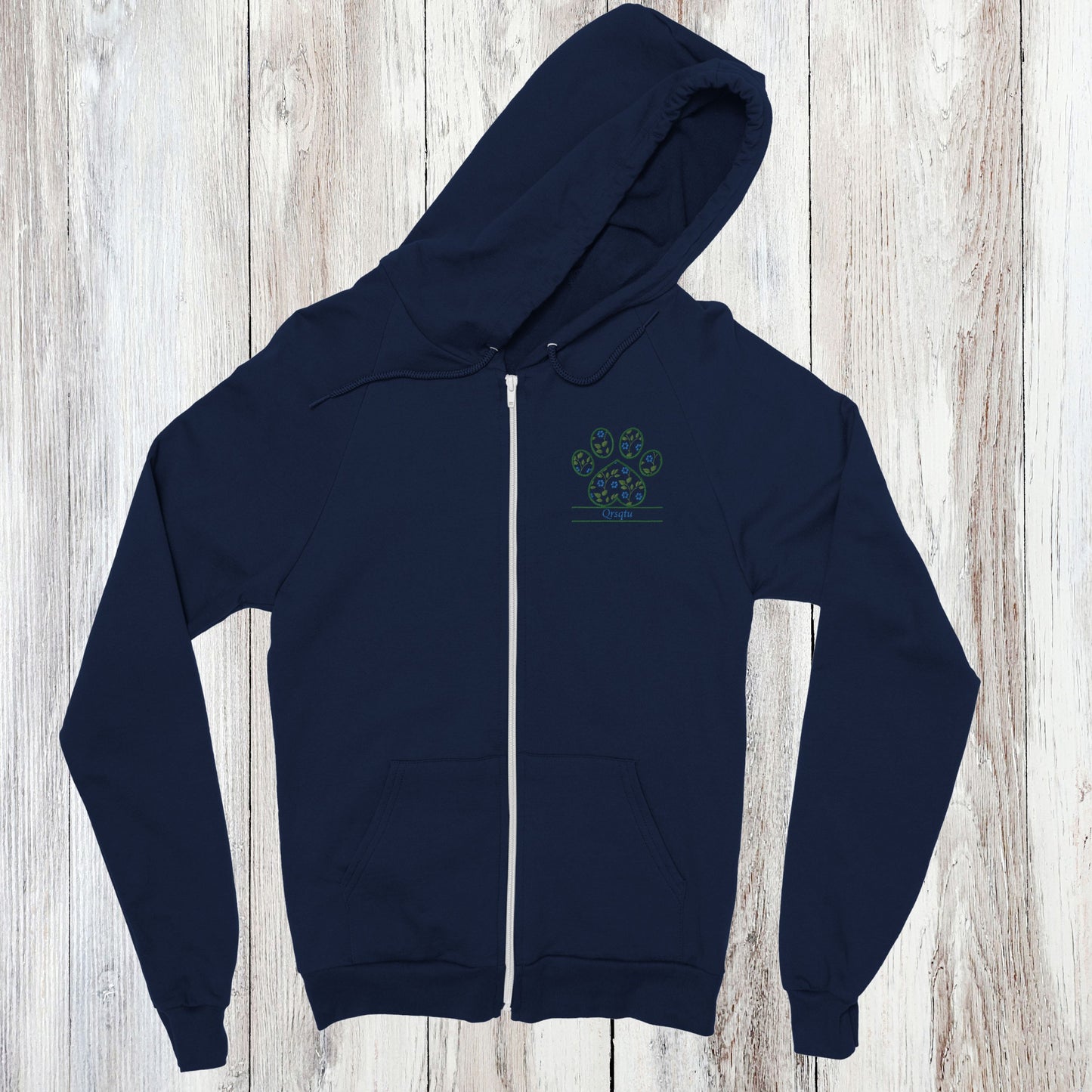 Personalized Floral Paw Print Zip Hoodie Custom Pet Name Design Navy with Blue Flowers