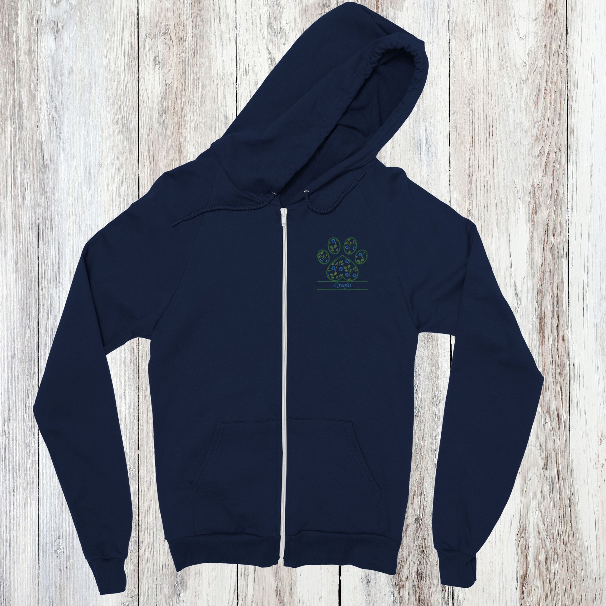 Personalized Floral Paw Print Zip Hoodie Custom Pet Name Design Navy with Blue Flowers