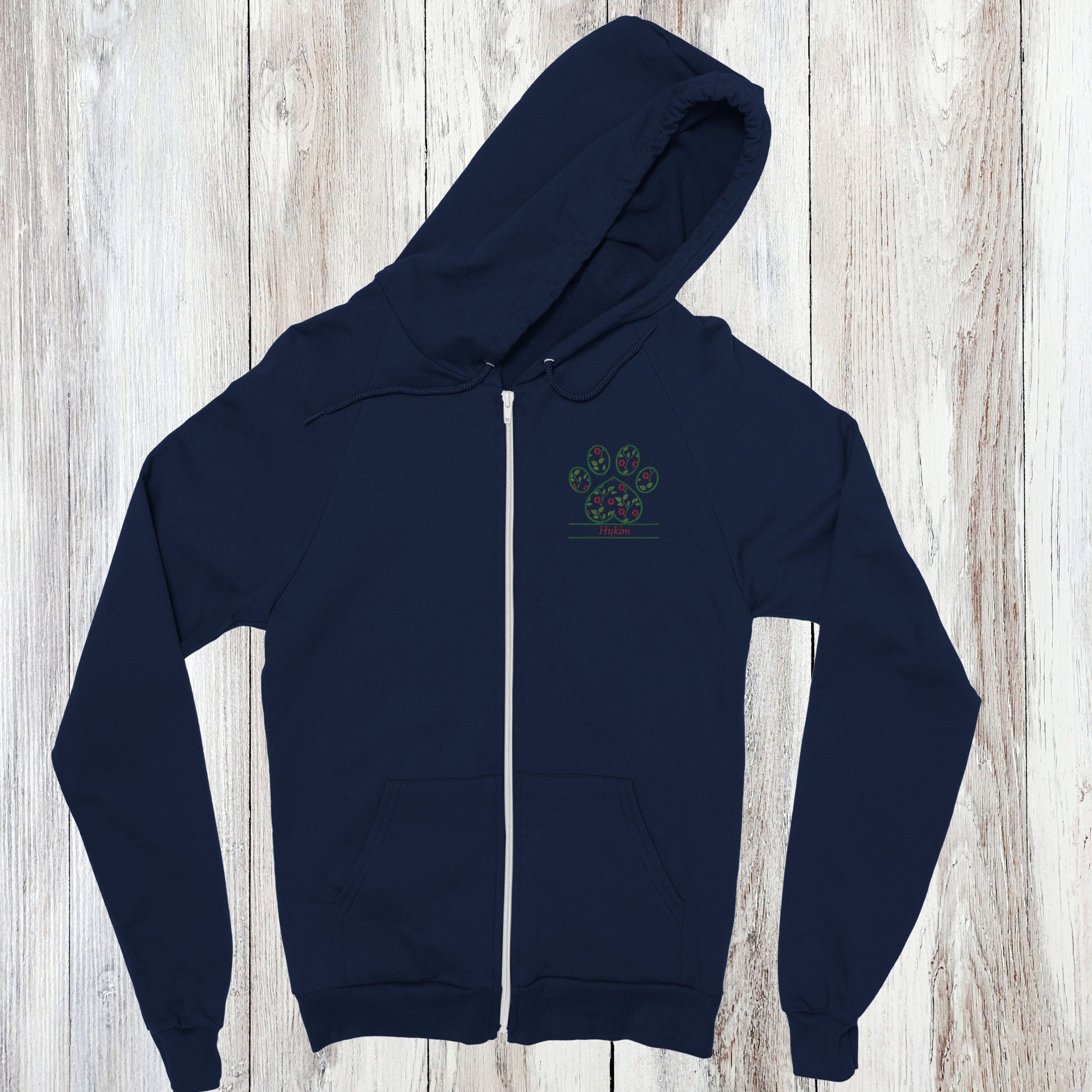 Personalized Floral Paw Print Zip Hoodie Custom Pet Name Design Navy with Pink Flowers