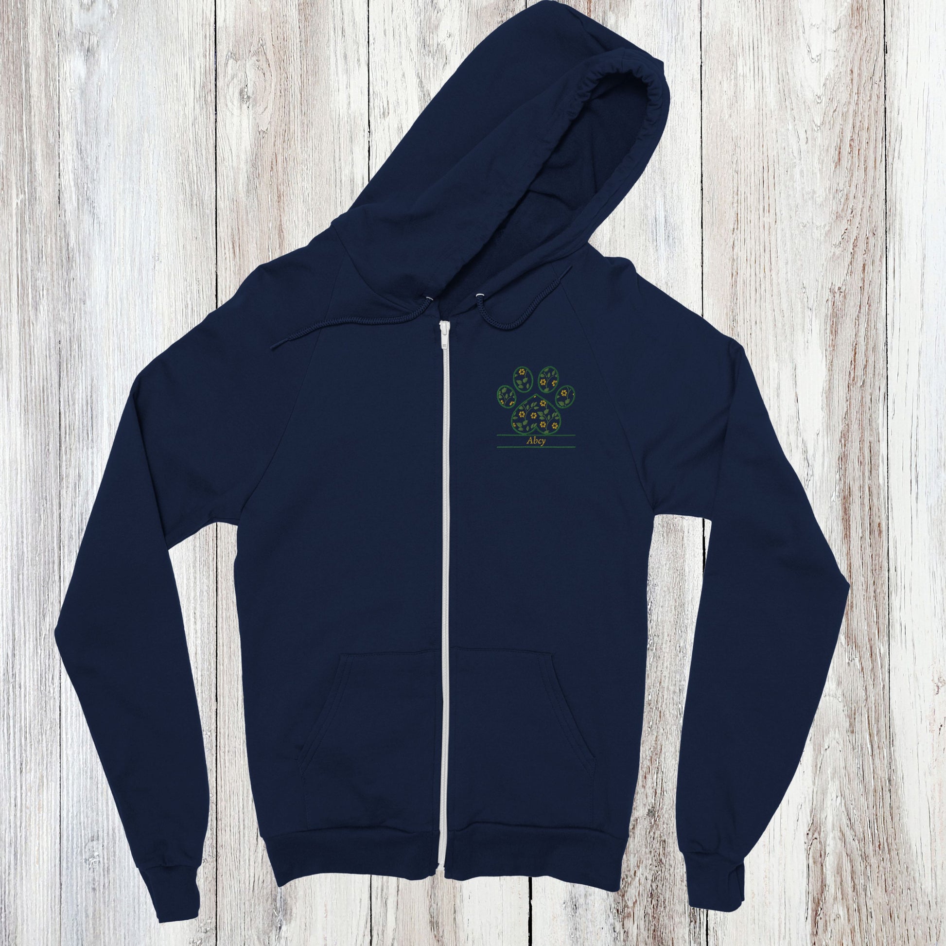 Personalized Floral Paw Print Zip Hoodie Custom Pet Name Design Navy with yellow flowers