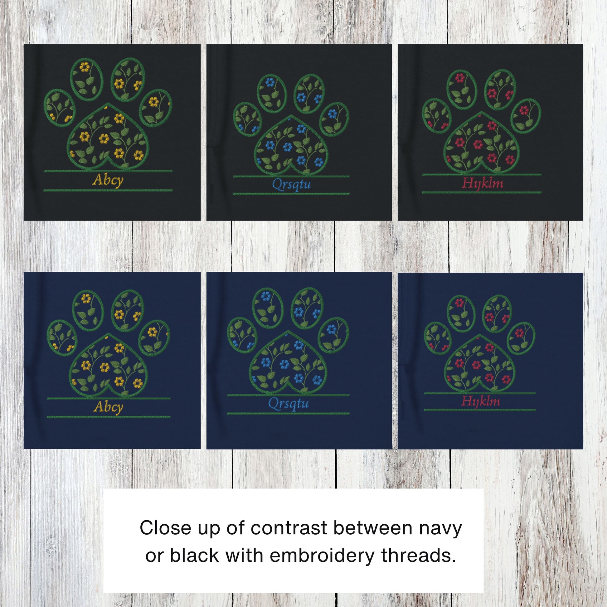Personalized Floral Paw Print Zip Hoodie Custom Pet Name Design Black and navy color contrast details of floral embroidery colors