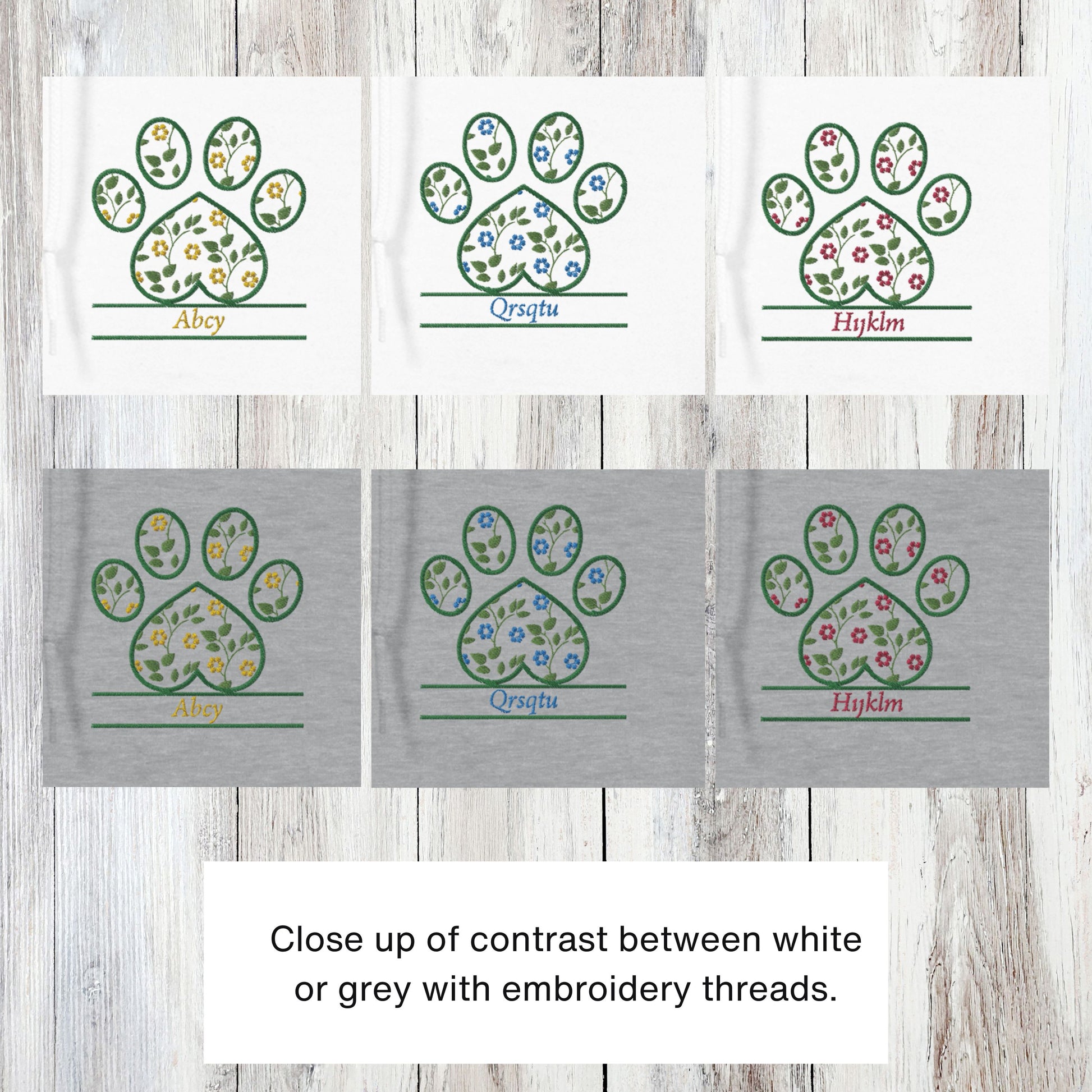 Personalized Floral Paw Print Zip Hoodie Custom Pet Name Design White and Grey color contrast details of floral embroidery colors