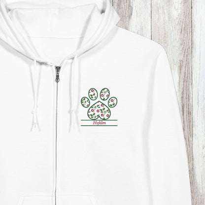 Personalized Floral Paw Print Zip Hoodie Custom Pet Name Design cloe up of placement of embroidery design