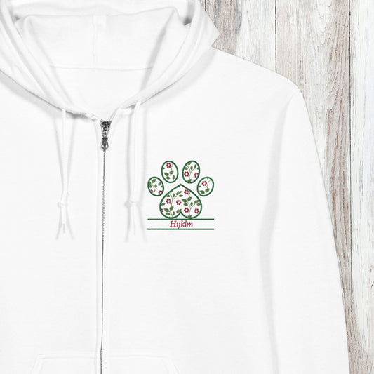 Personalized Floral Paw Print Zip Hoodie Custom Pet Name Design cloe up of placement of embroidery design