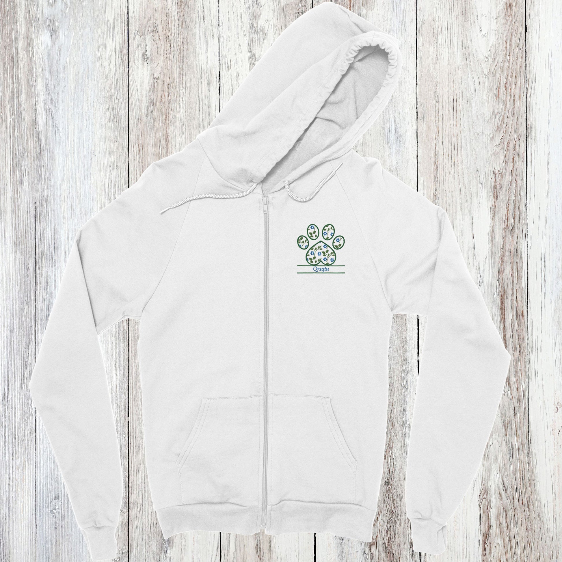 Personalized Floral Paw Print Zip Hoodie Custom Pet Name Design white  with Blue Flowers