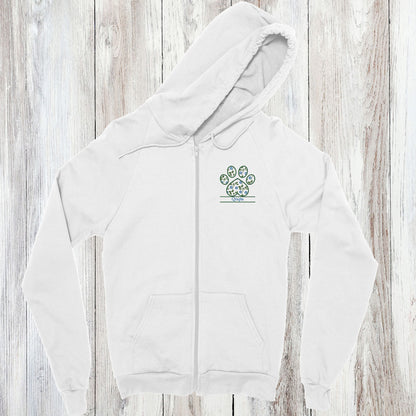 Personalized Floral Paw Print Zip Hoodie Custom Pet Name Design white  with Blue Flowers