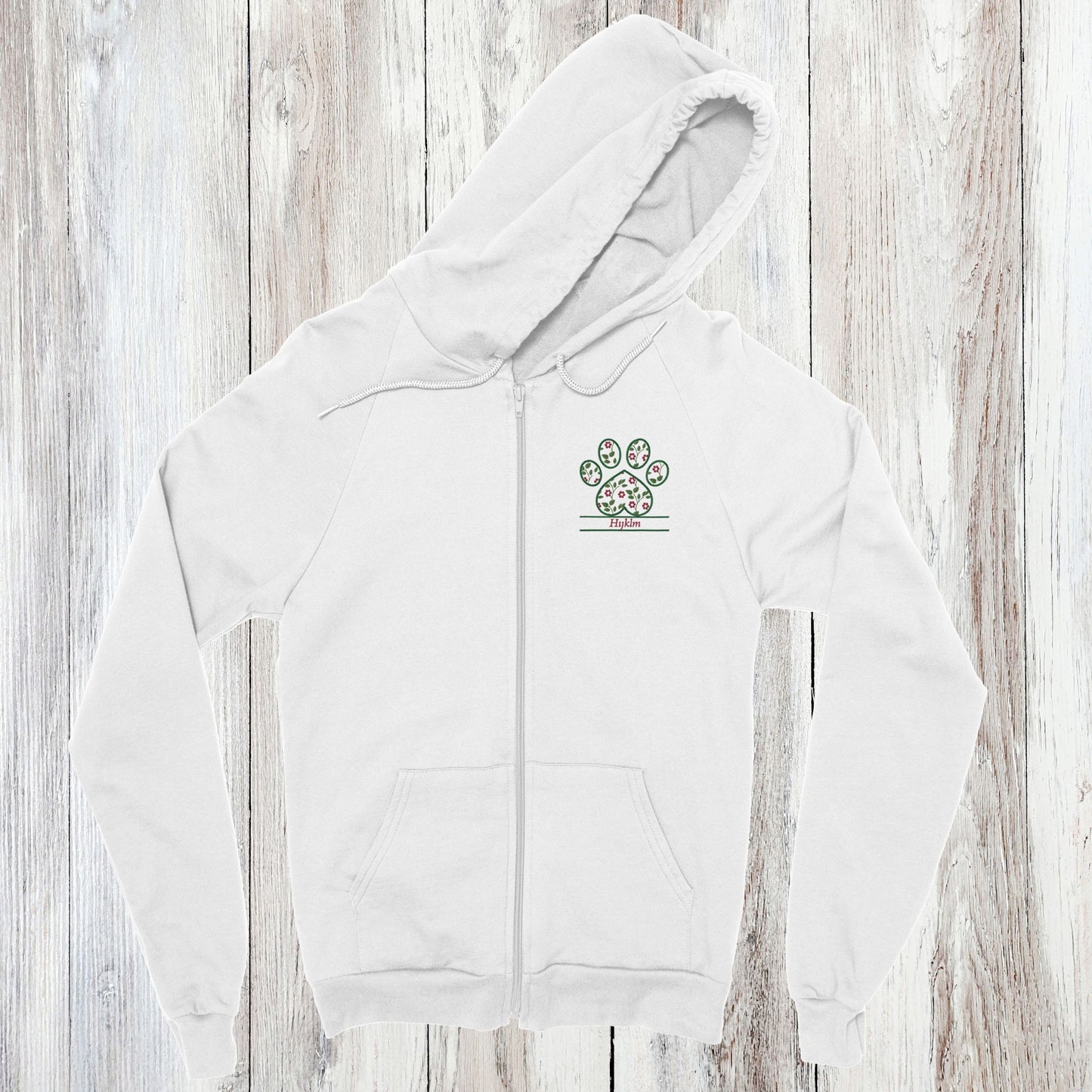 Personalized Floral Paw Print Zip Hoodie Custom Pet Name Design white with pink flowers