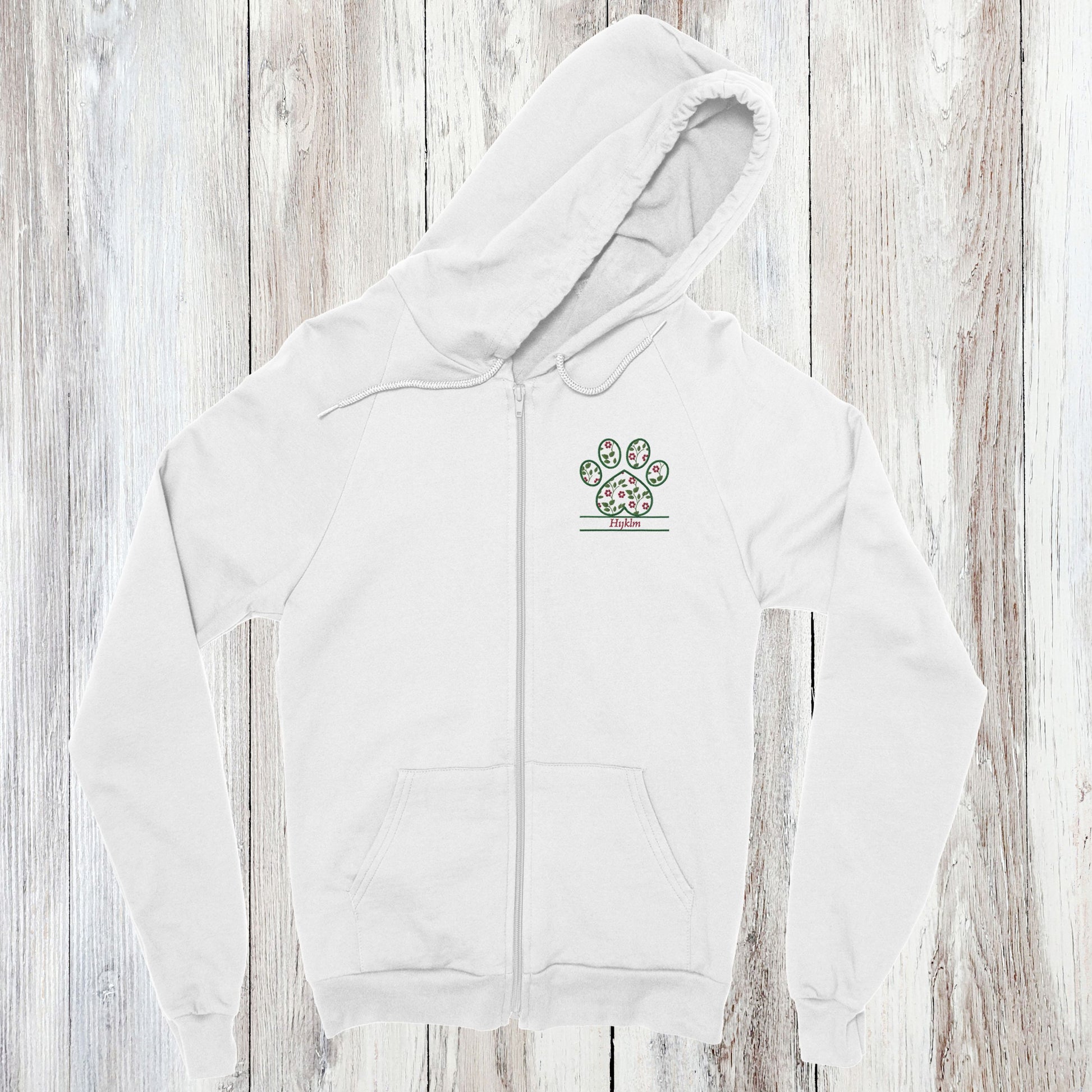 Personalized Floral Paw Print Zip Hoodie Custom Pet Name Design white with pink flowers