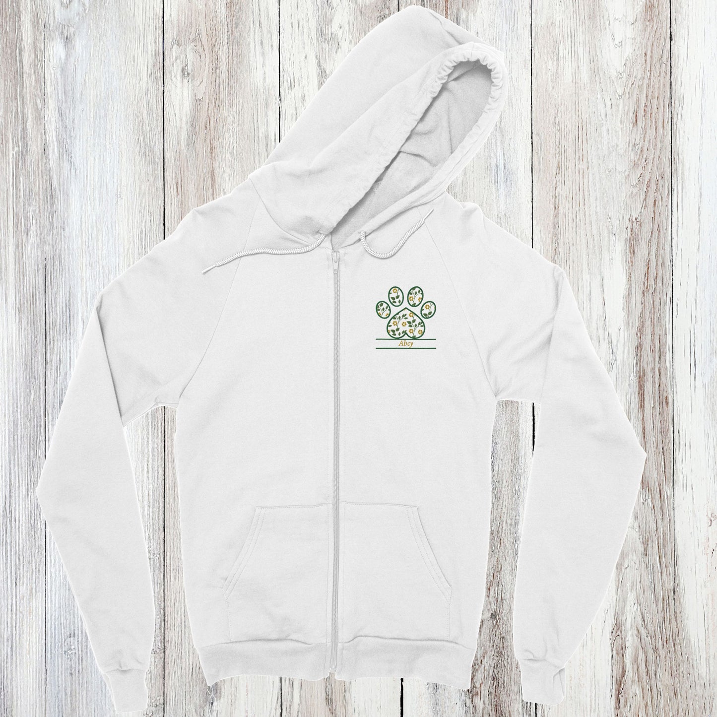 Personalized Floral Paw Print Zip Hoodie Custom Pet Name Design white with yellow flowers