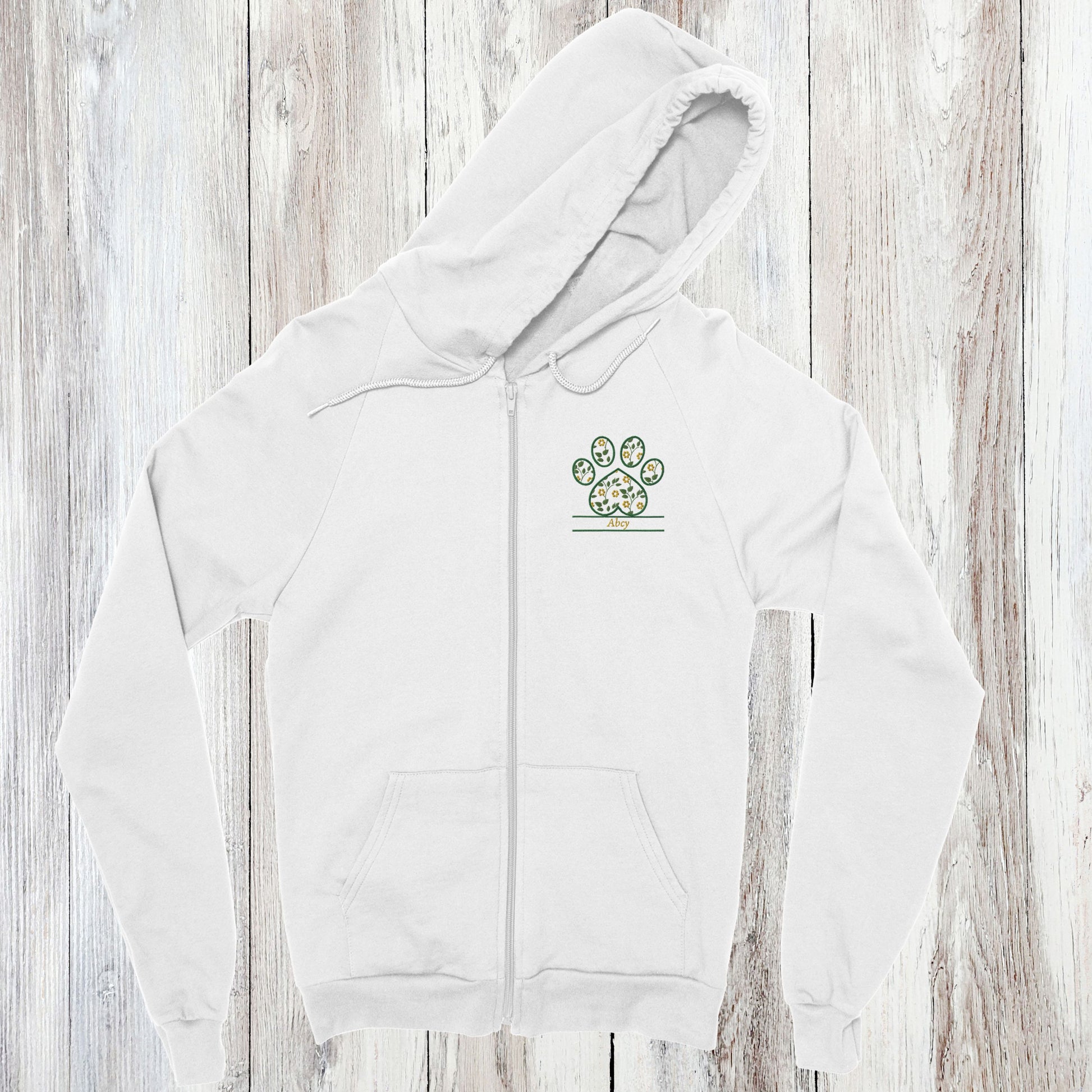 Personalized Floral Paw Print Zip Hoodie Custom Pet Name Design white with yellow flowers