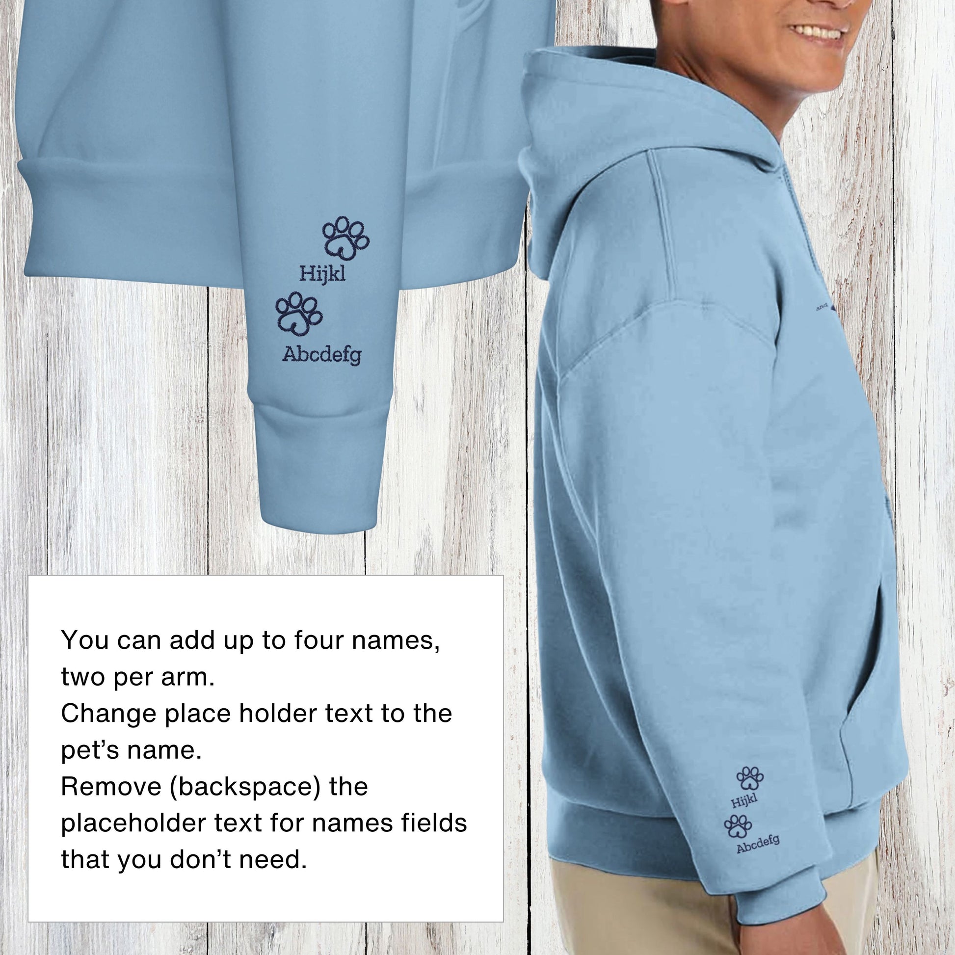 Personalized Hoodie Custom Embroidered Paws Cherish  Light Blue detail and instructions for adding custom names
