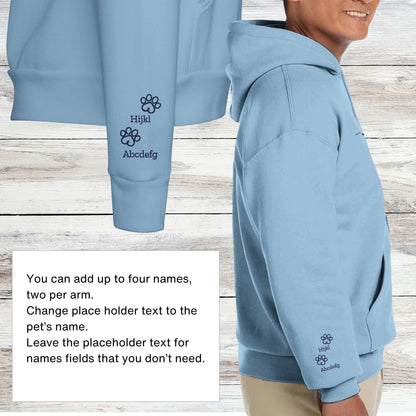 Personalising detail for embroidered, hoodie, hooded pullover sweatshirt sleeves, add two names to each sleeve inbetween paws.