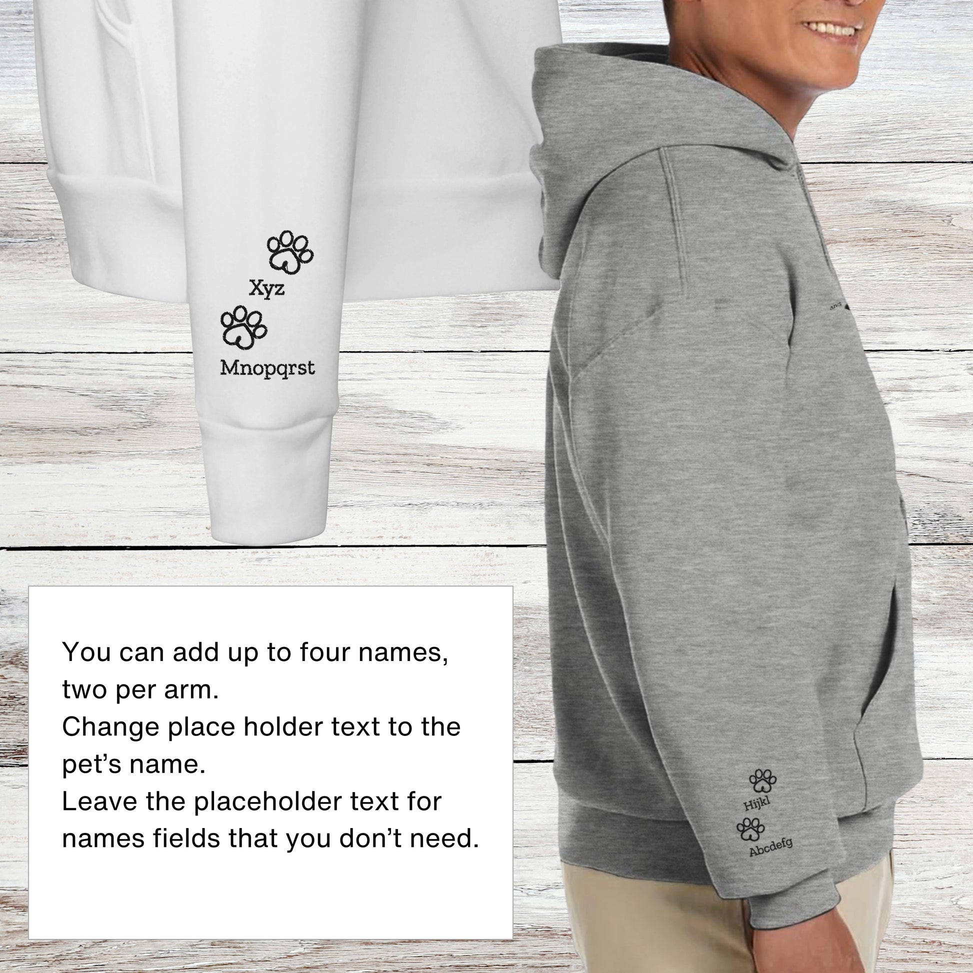 Personalising detail for embroidered, hoodie, hooded pullover sweatshirt sleeves, add two names to each sleeve inbetween paws.