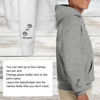 Personalising detail for embroidered, hoodie, hooded pullover sweatshirt sleeves, add two names to each sleeve inbetween paws.