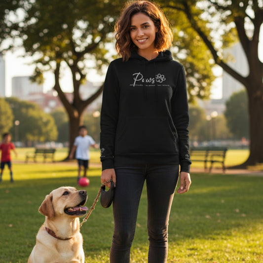 Black Embroidered pullover hoodie with custom pets' names on sweatshirt sleeves worn by a woman standing in a dog park with her Labrador retriever. Front of shirt's embroidery reads, 'Paws and cherish the moments that matter.'