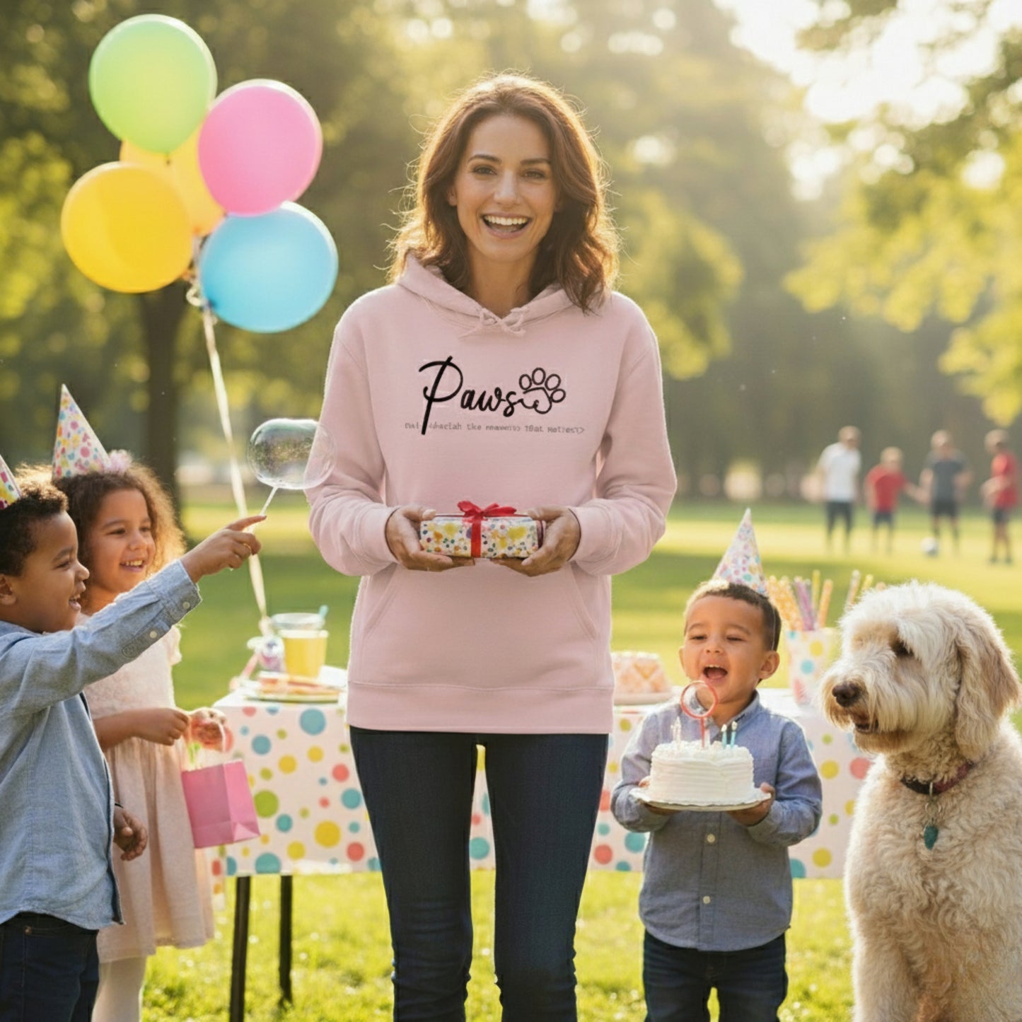 Embroidered Hooded Sweatshirt in pink, the Embroidery reads, Paws and cherish the moments that matter. Life style scene of a woman, cavoodle and children at a birthday party in the park on a bright day.