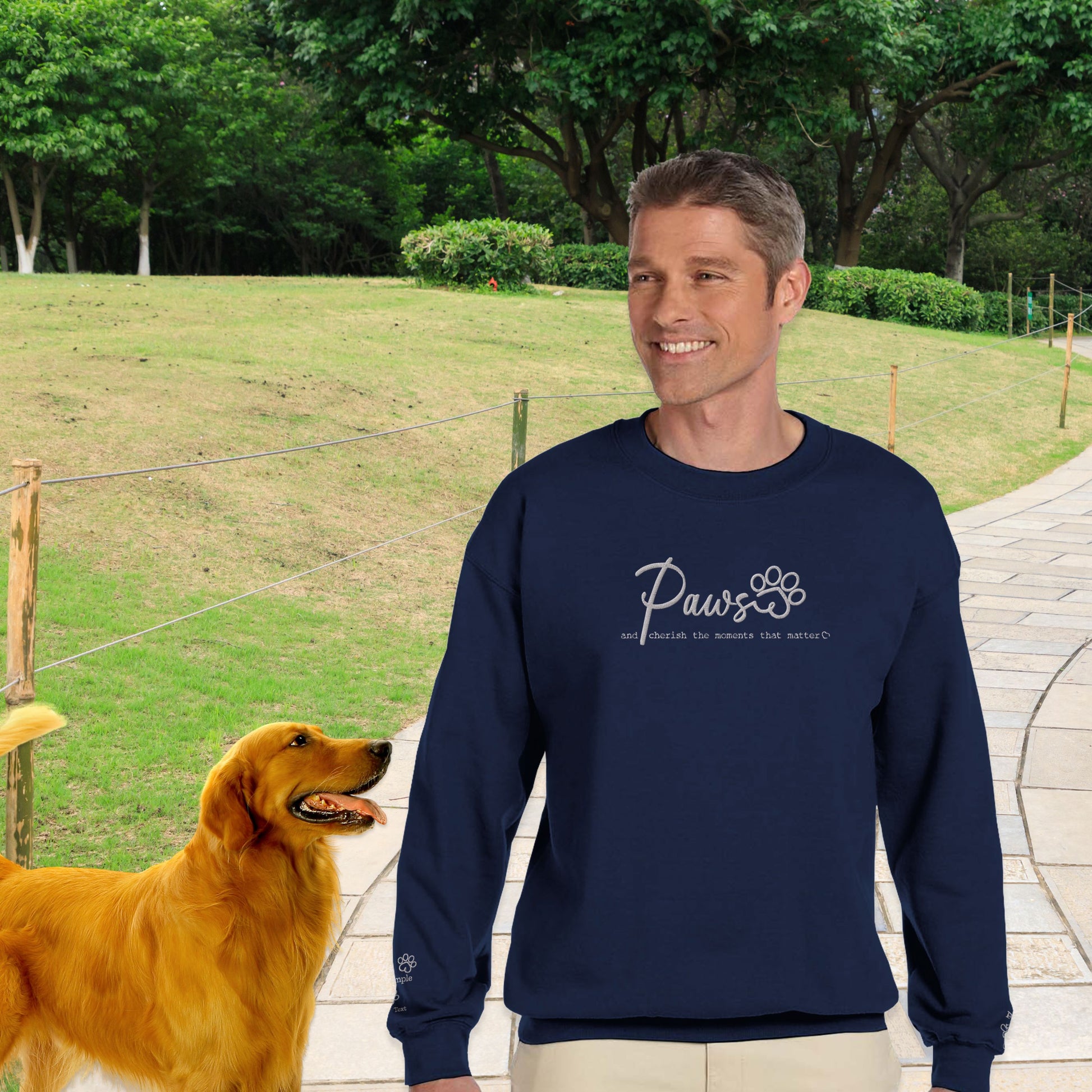 Personalized Pet Crewneck Sweatshirt- Custom Embroidered Pets Names - Paws & Cherish -  context navy