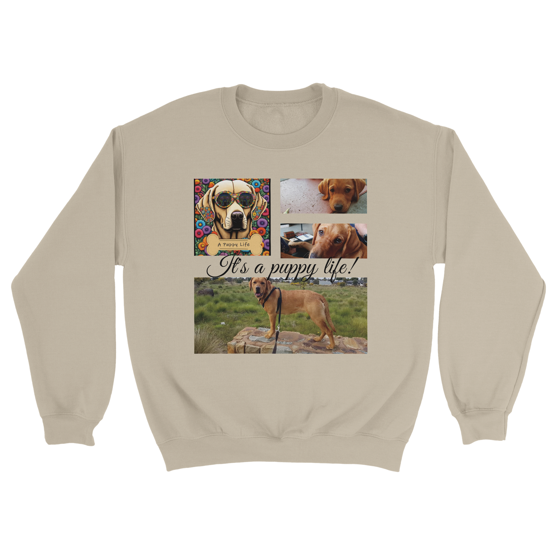 Personalized Photo Collage Pet Sweatshirt – Stylish, Cozy & Uniquely Yours Dark Heather Sand with black text