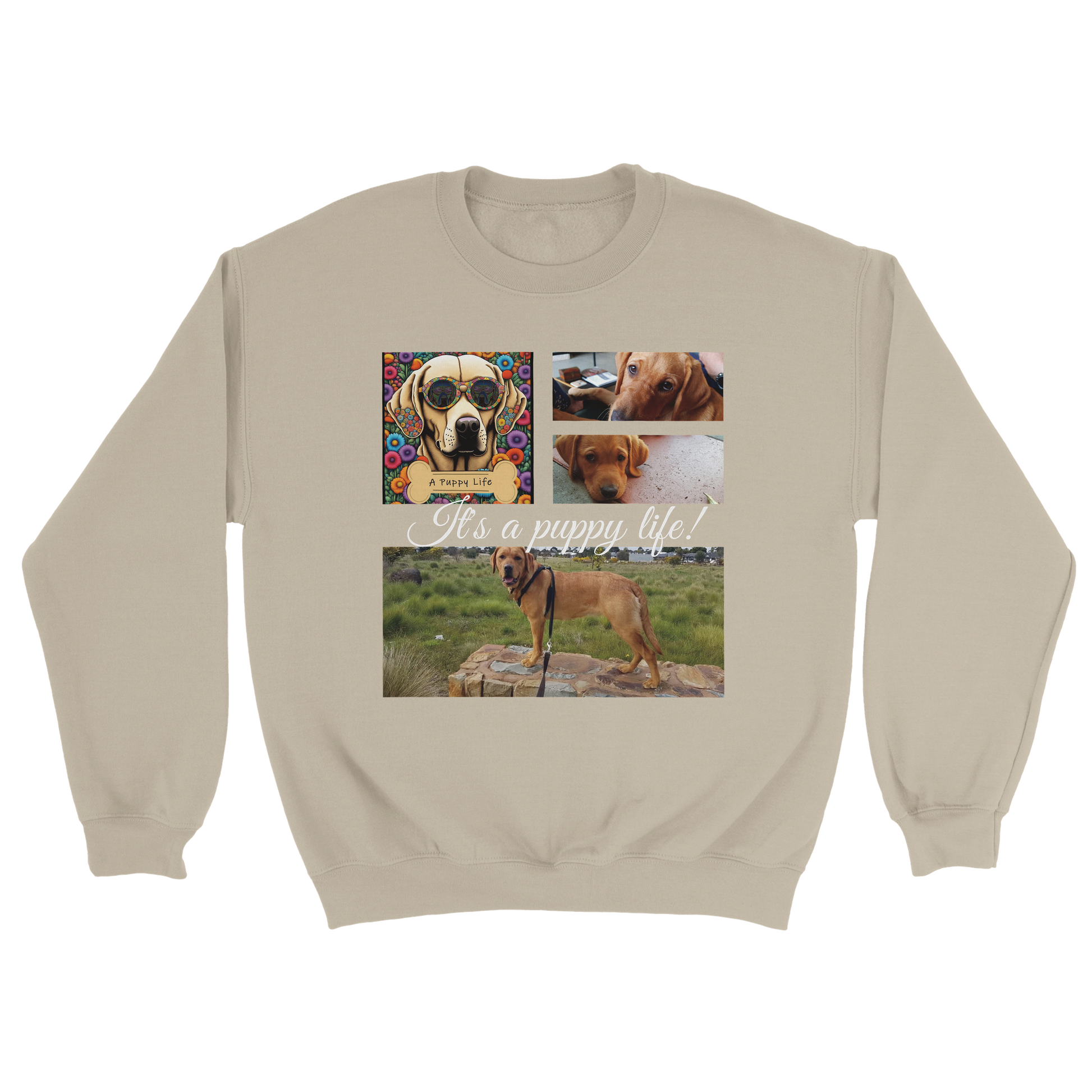 Personalized Photo Collage Pet Sweatshirt – Stylish, Cozy & Uniquely Yours Sand with white text