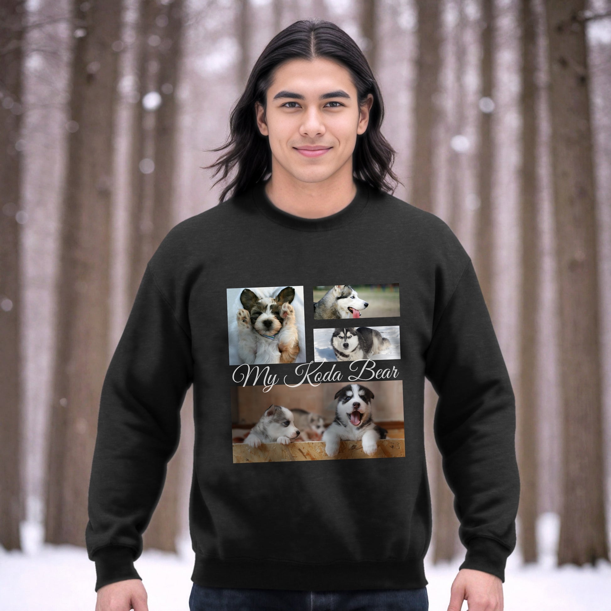 Personalized Photo Collage Pet Sweatshirt – Stylish, Cozy & Uniquely Yours context  with dark heather with white  text