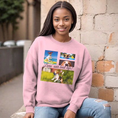 Personalized Photo Collage Pet Sweatshirt – Stylish, Cozy & Uniquely Yours context light pink with black text