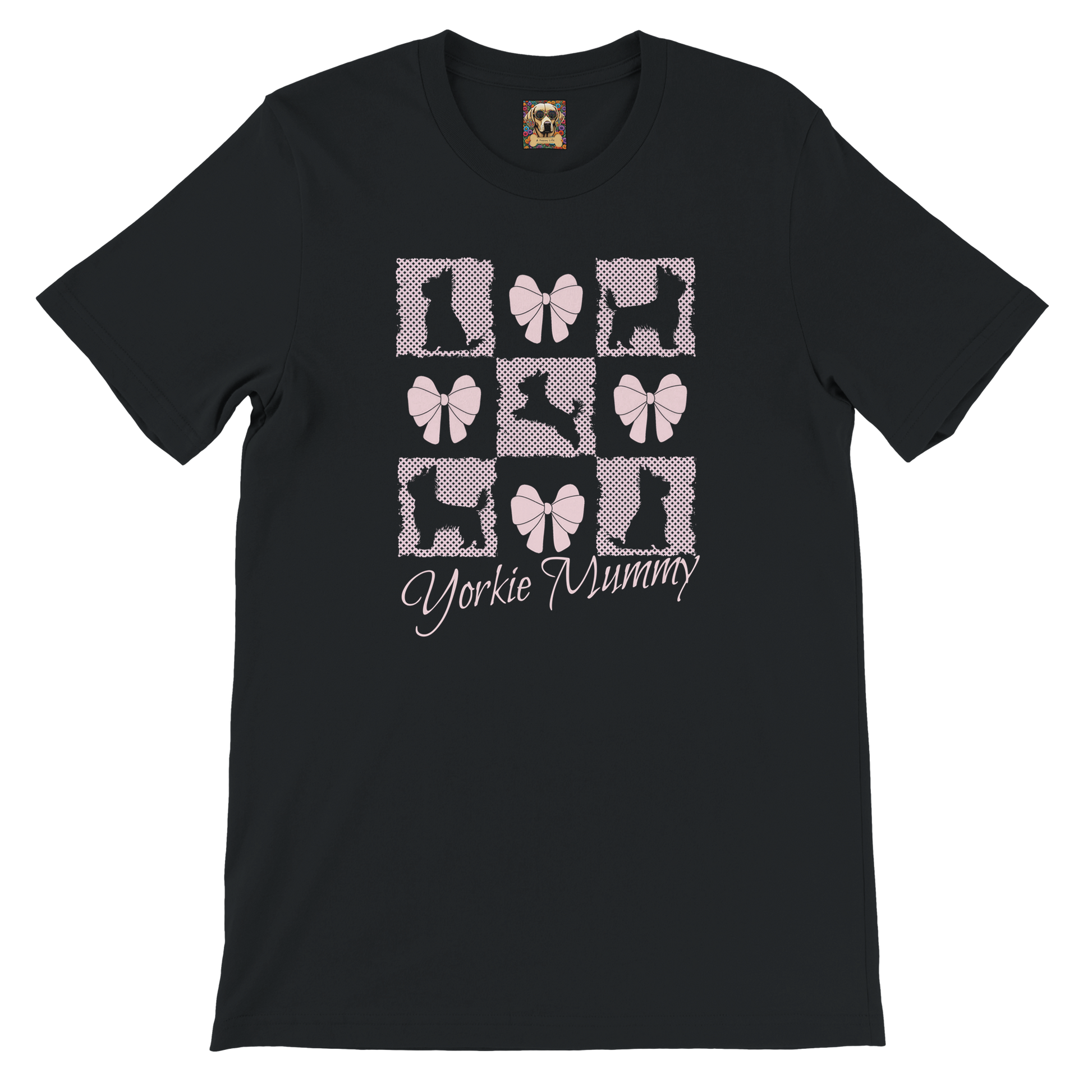 Personalized T-Shirt – Grand Millennial & Coquette Chic, Yorkie Silhouette & Pink Bow Collage Black