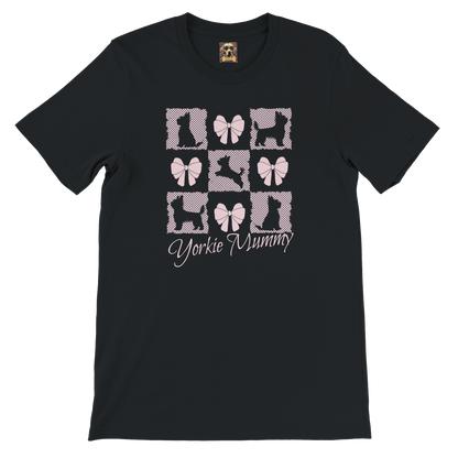 Personalized T-Shirt – Grand Millennial & Coquette Chic, Yorkie Silhouette & Pink Bow Collage Black