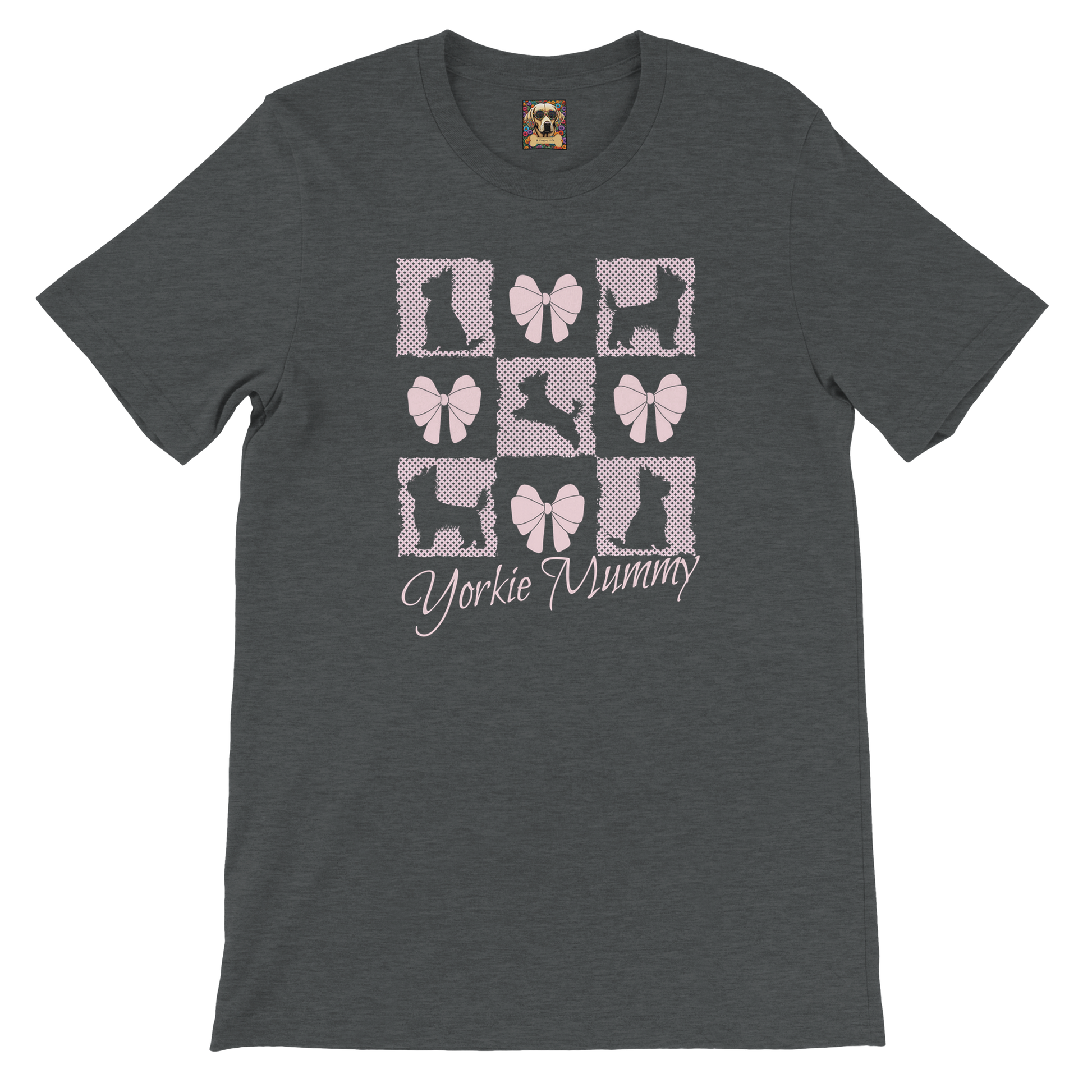 Personalized T-Shirt – Grand Millennial & Coquette Chic, Yorkie Silhouette & Pink Bow Collage Dark Heather Grey