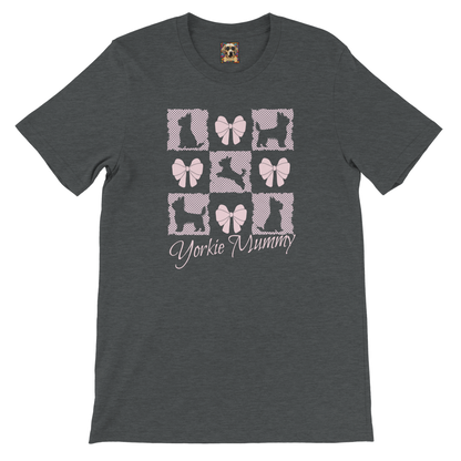 Personalized T-Shirt – Grand Millennial & Coquette Chic, Yorkie Silhouette & Pink Bow Collage Dark Heather Grey