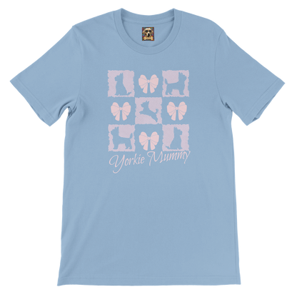 Personalized T-Shirt – Grand Millennial & Coquette Chic, Yorkie Silhouette & Pink Bow Collage Light Blue