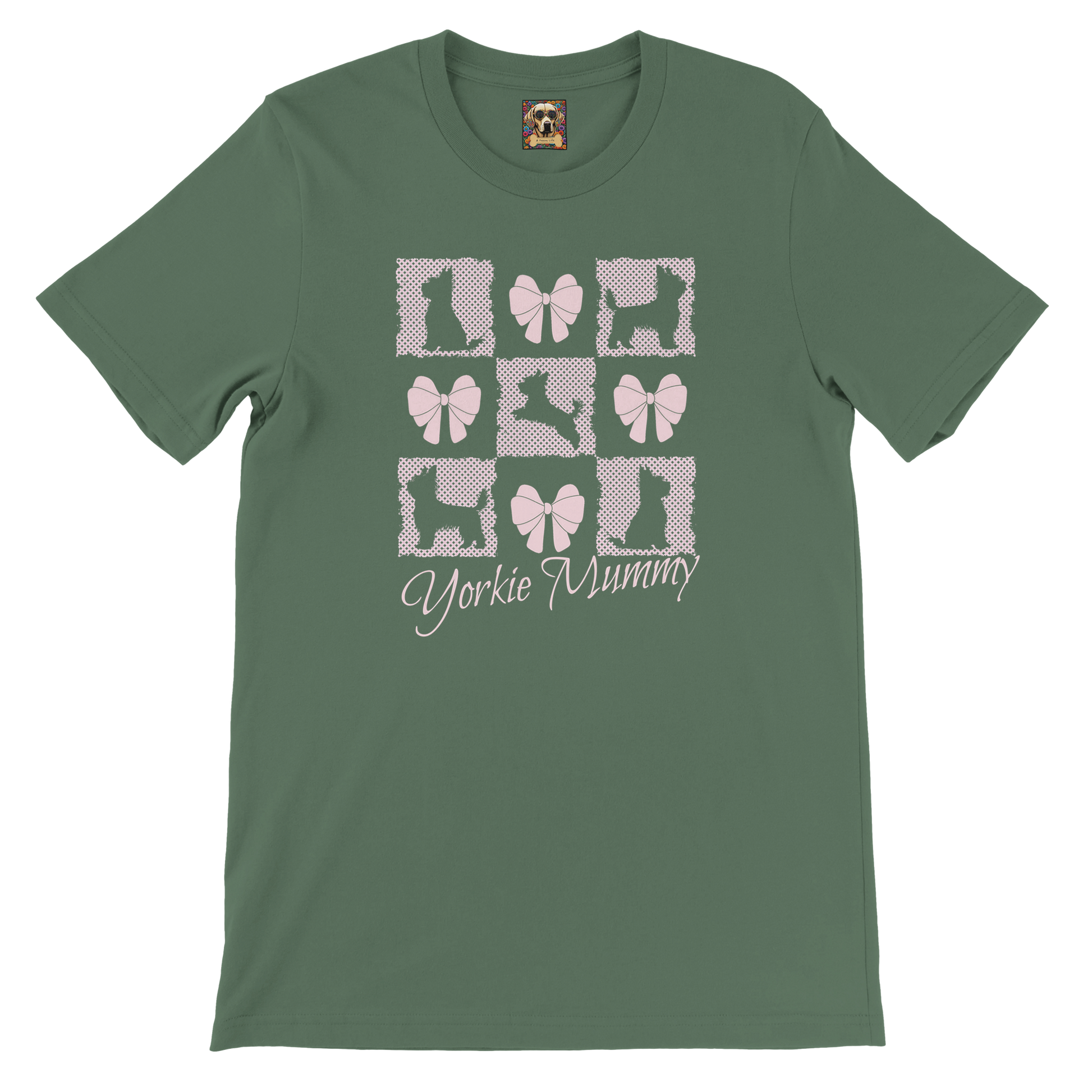 Personalized T-Shirt – Grand Millennial & Coquette Chic, Yorkie Silhouette & Pink Bow Collage Military Green