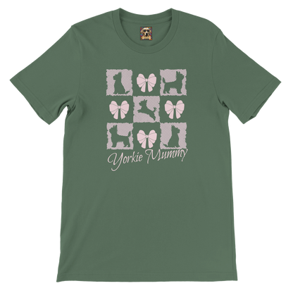 Personalized T-Shirt – Grand Millennial & Coquette Chic, Yorkie Silhouette & Pink Bow Collage Military Green