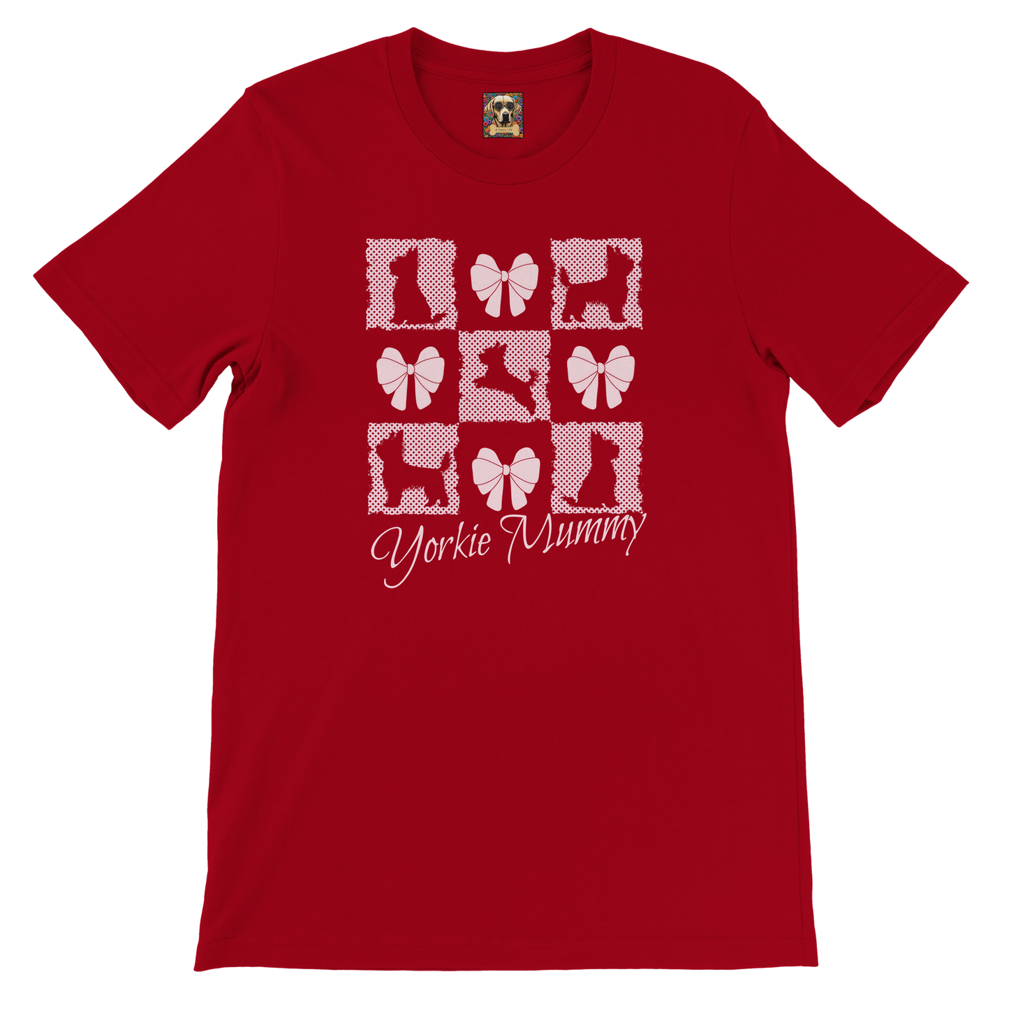 Personalized T-Shirt – Grand Millennial & Coquette Chic, Yorkie Silhouette & Pink Bow Collage Red