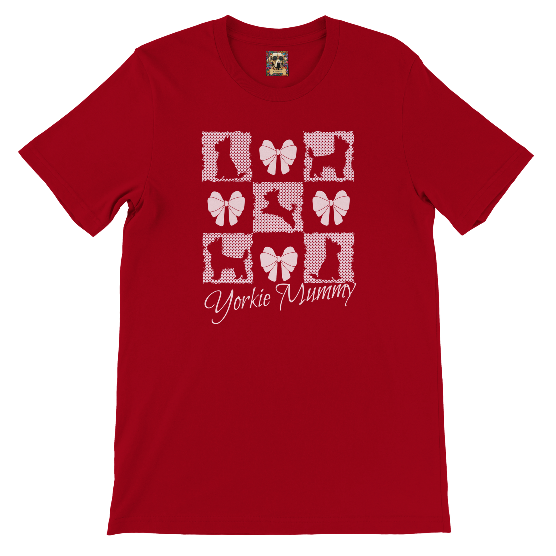 Personalized T-Shirt – Grand Millennial & Coquette Chic, Yorkie Silhouette & Pink Bow Collage Red