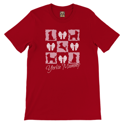 Personalized T-Shirt – Grand Millennial & Coquette Chic, Yorkie Silhouette & Pink Bow Collage Red