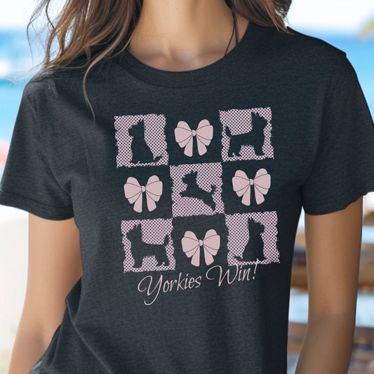 Personalized T-Shirt – Grand Millennial & Coquette Chic, Yorkie Silhouette & Pink Bow Collage context text Dark Heather Green Yorkies Win!