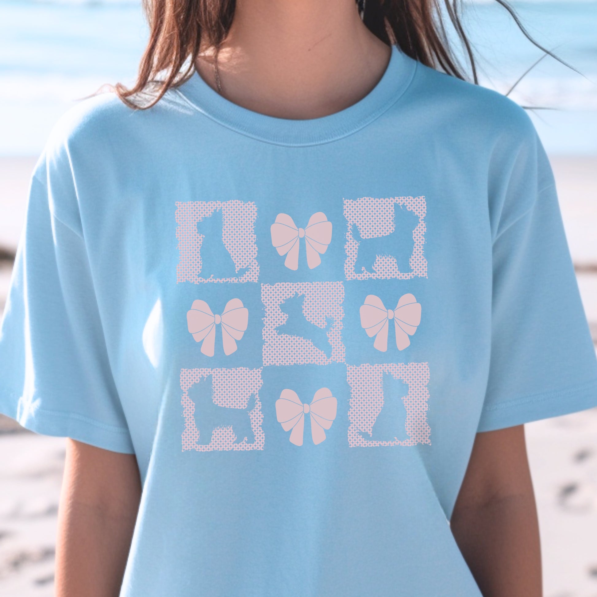 Personalized T-Shirt – Grand Millennial & Coquette Chic, Yorkie Silhouette & Pink Bow Collage context Light blue