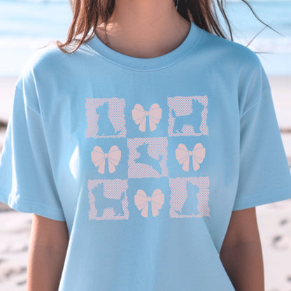 Personalized T-Shirt – Grand Millennial & Coquette Chic, Yorkie Silhouette & Pink Bow Collage context Light blue
