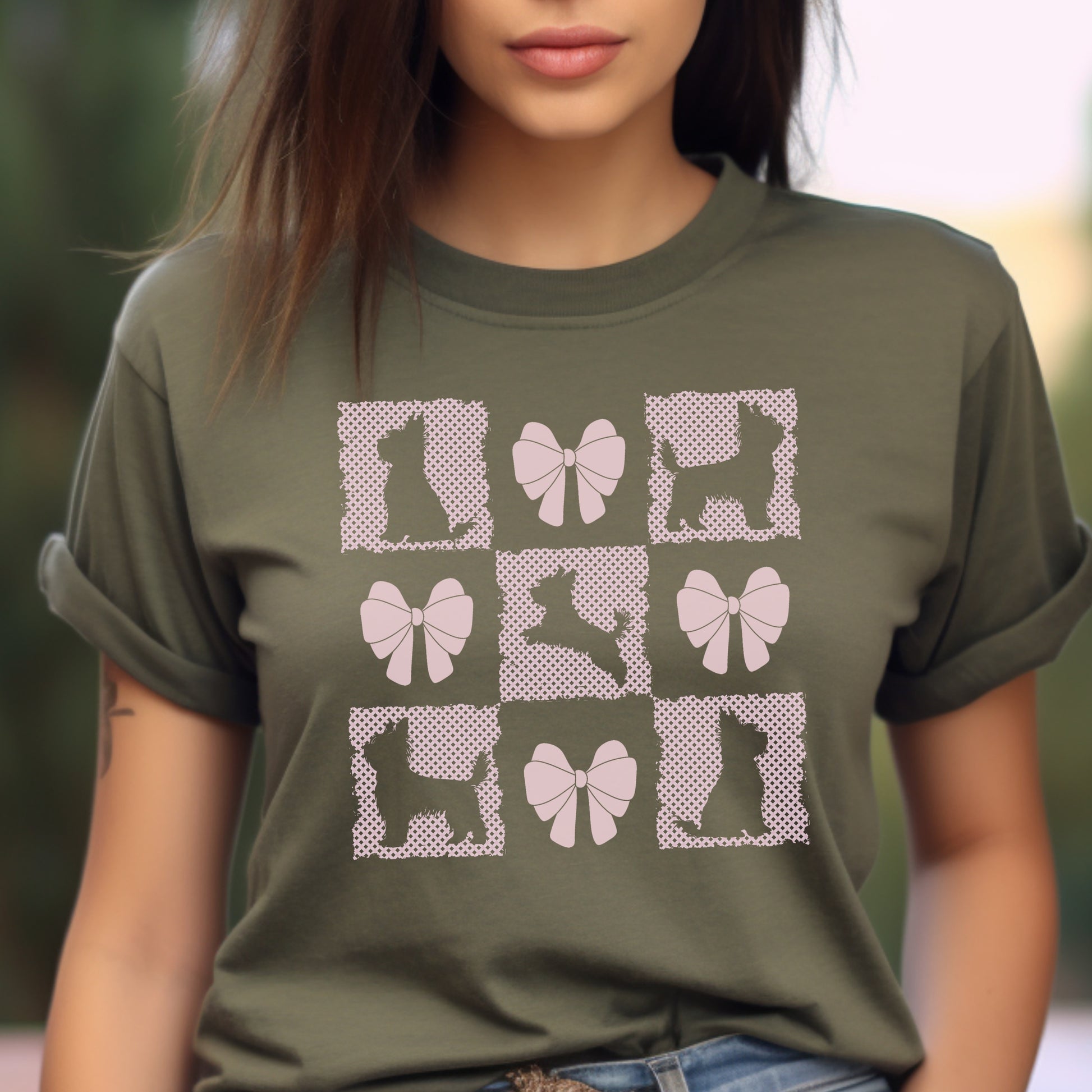 Personalized T-Shirt – Grand Millennial & Coquette Chic, Yorkie Silhouette & Pink Bow Collage context Military Green