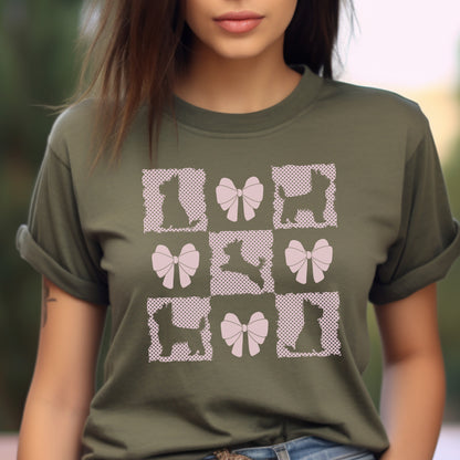 Personalized T-Shirt – Grand Millennial & Coquette Chic, Yorkie Silhouette & Pink Bow Collage context Military Green