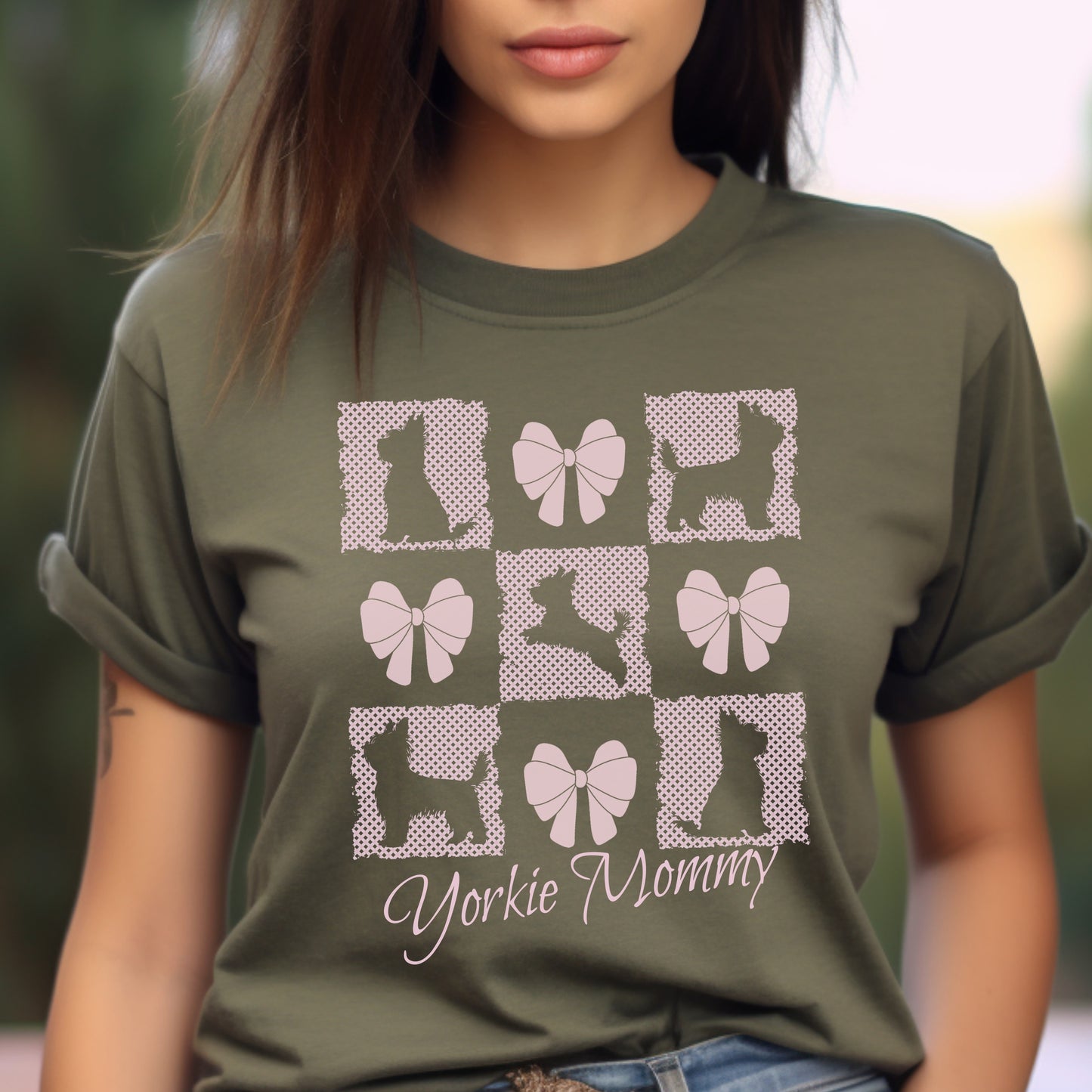 Personalized T-Shirt – Grand Millennial & Coquette Chic, Yorkie Silhouette & Pink Bow Collage context Military Green Text Yorkie Mommy