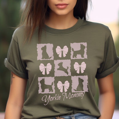 Personalized T-Shirt – Grand Millennial & Coquette Chic, Yorkie Silhouette & Pink Bow Collage context Military Green Text Yorkie Mommy