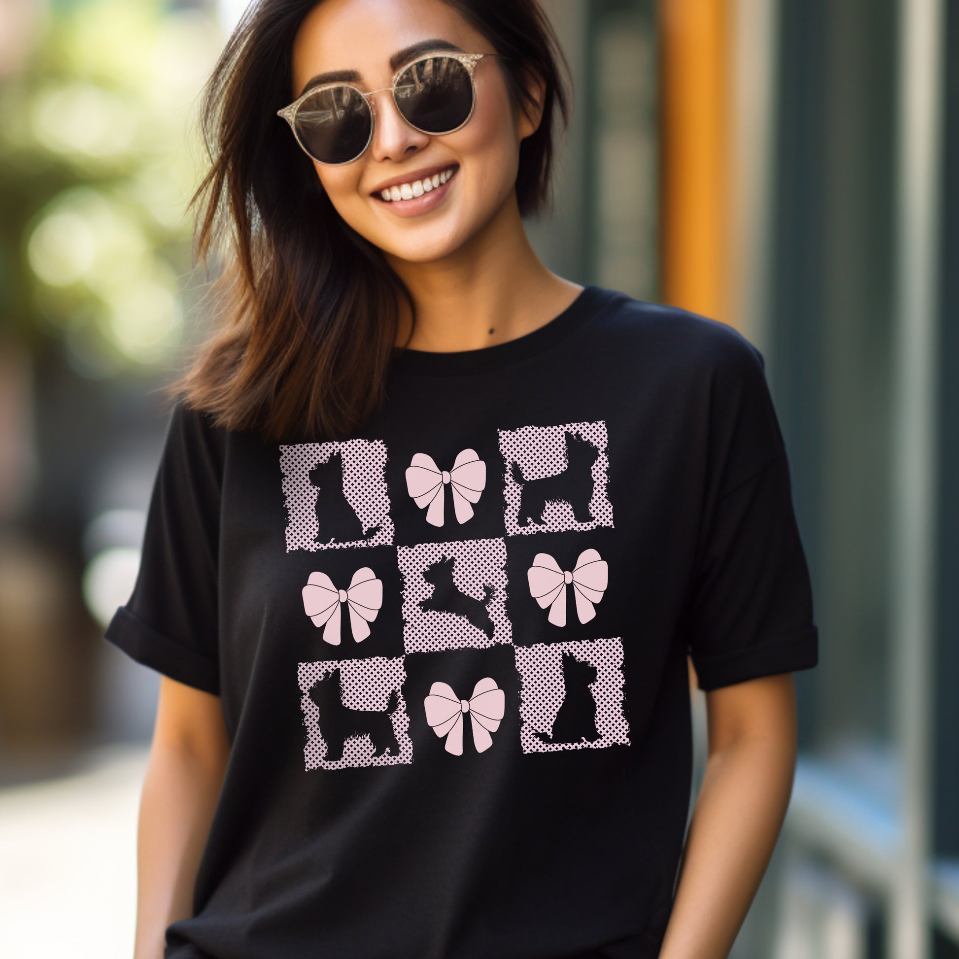 Personalized T-Shirt – Grand Millennial & Coquette Chic, Yorkie Silhouette & Pink Bow Collage context Black