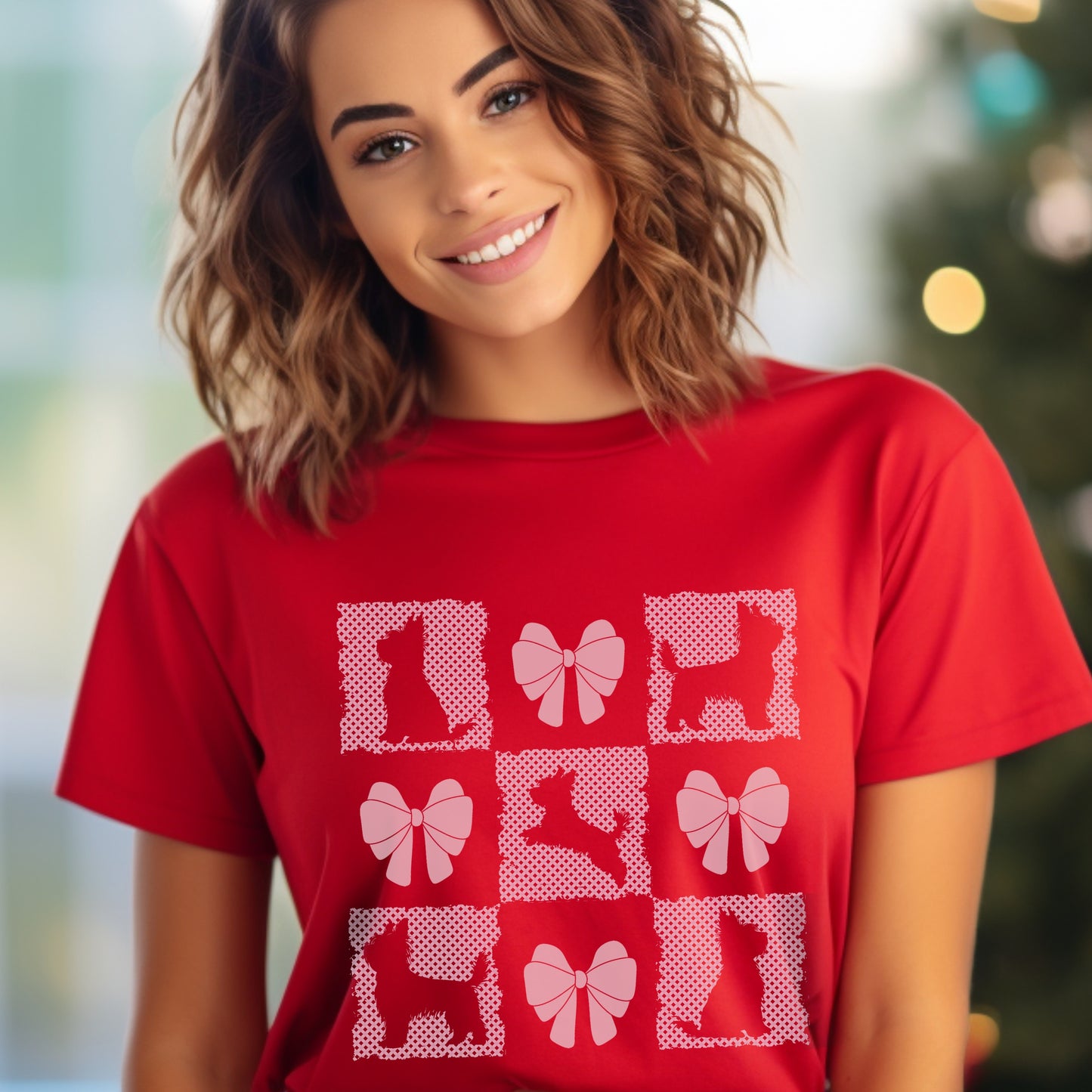 Personalized T-Shirt – Grand Millennial & Coquette Chic, Yorkie Silhouette & Pink Bow Collage context red