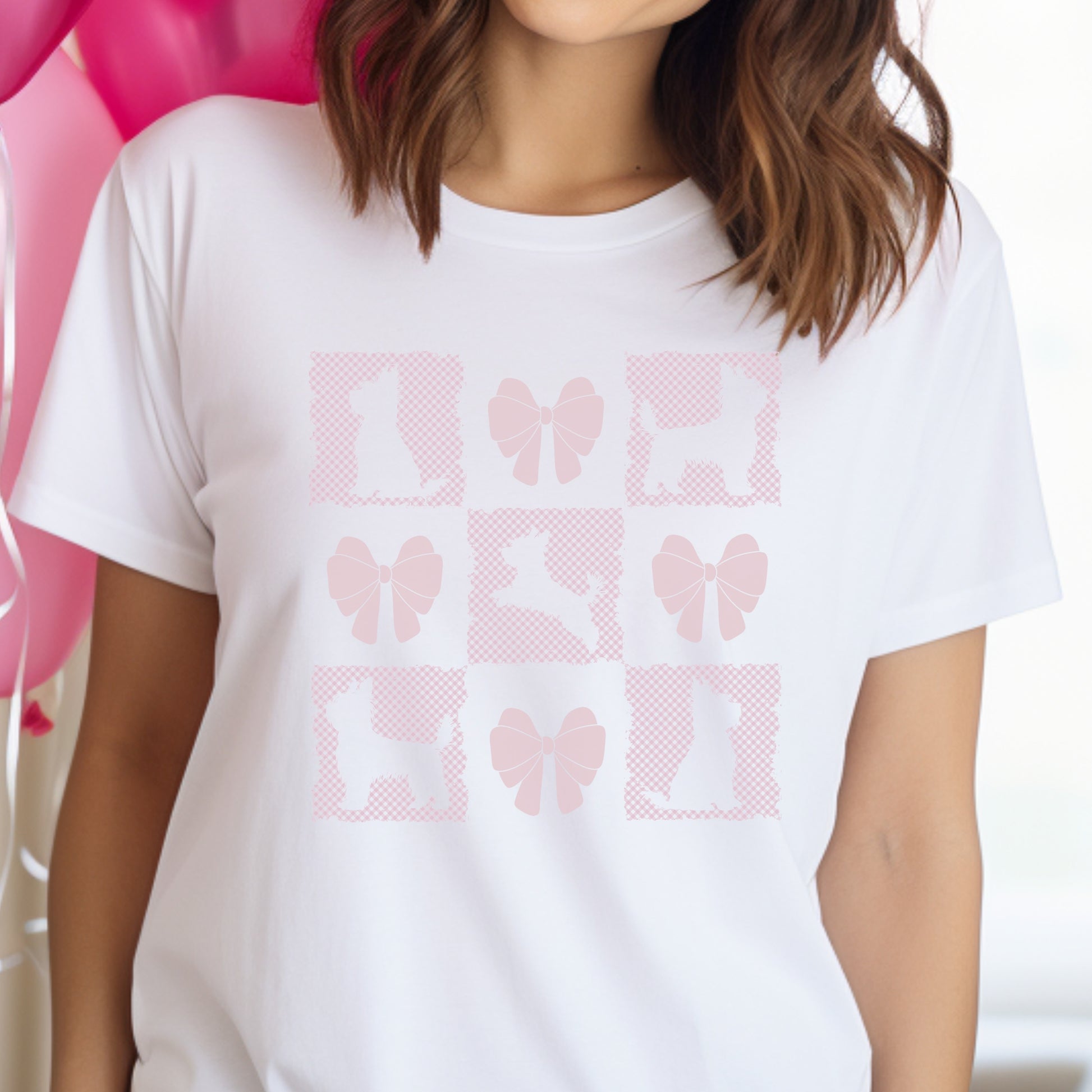 Personalized T-Shirt – Grand Millennial & Coquette Chic, Yorkie Silhouette & Pink Bow Collage context white