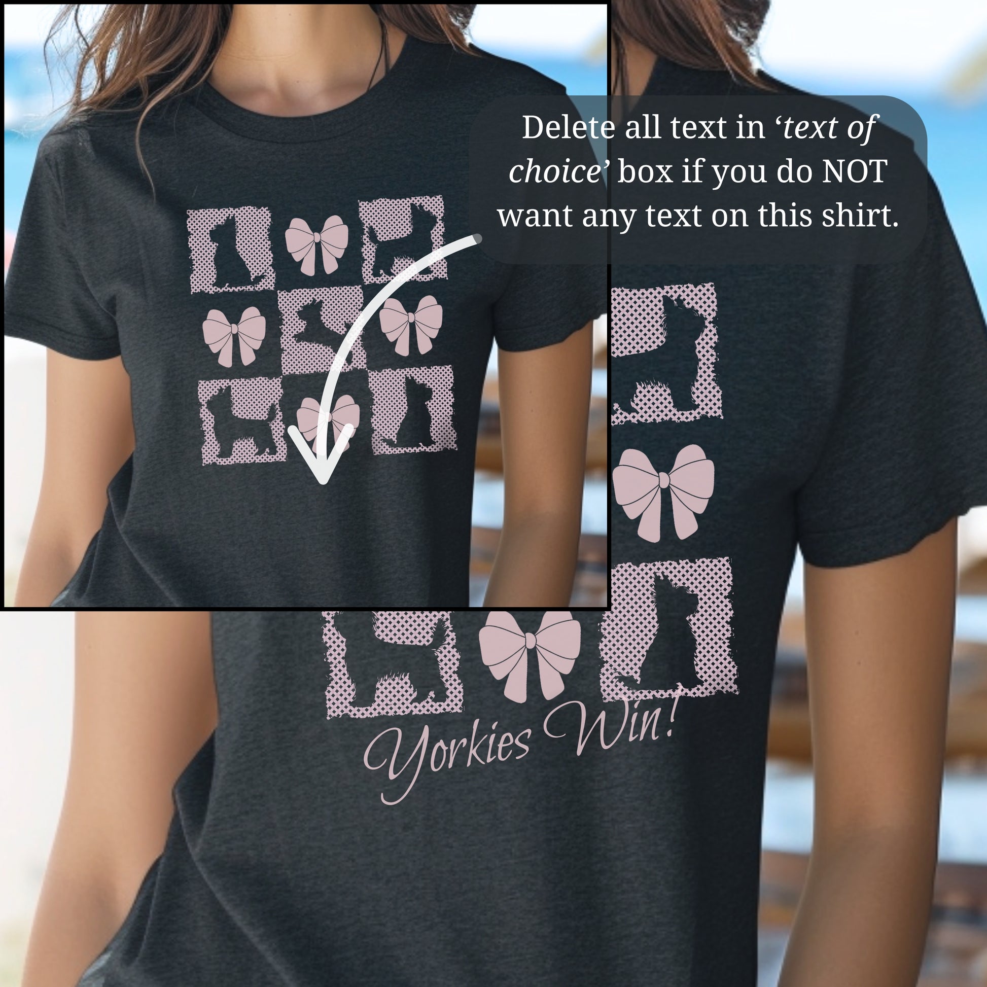Personalized T-Shirt – Grand Millennial & Coquette Chic, Yorkie Silhouette & Pink Bow Collage instructions for no text