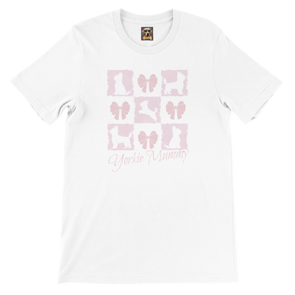 Personalized T-Shirt – Grand Millennial & Coquette Chic, Yorkie Silhouette & Pink Bow Collage white